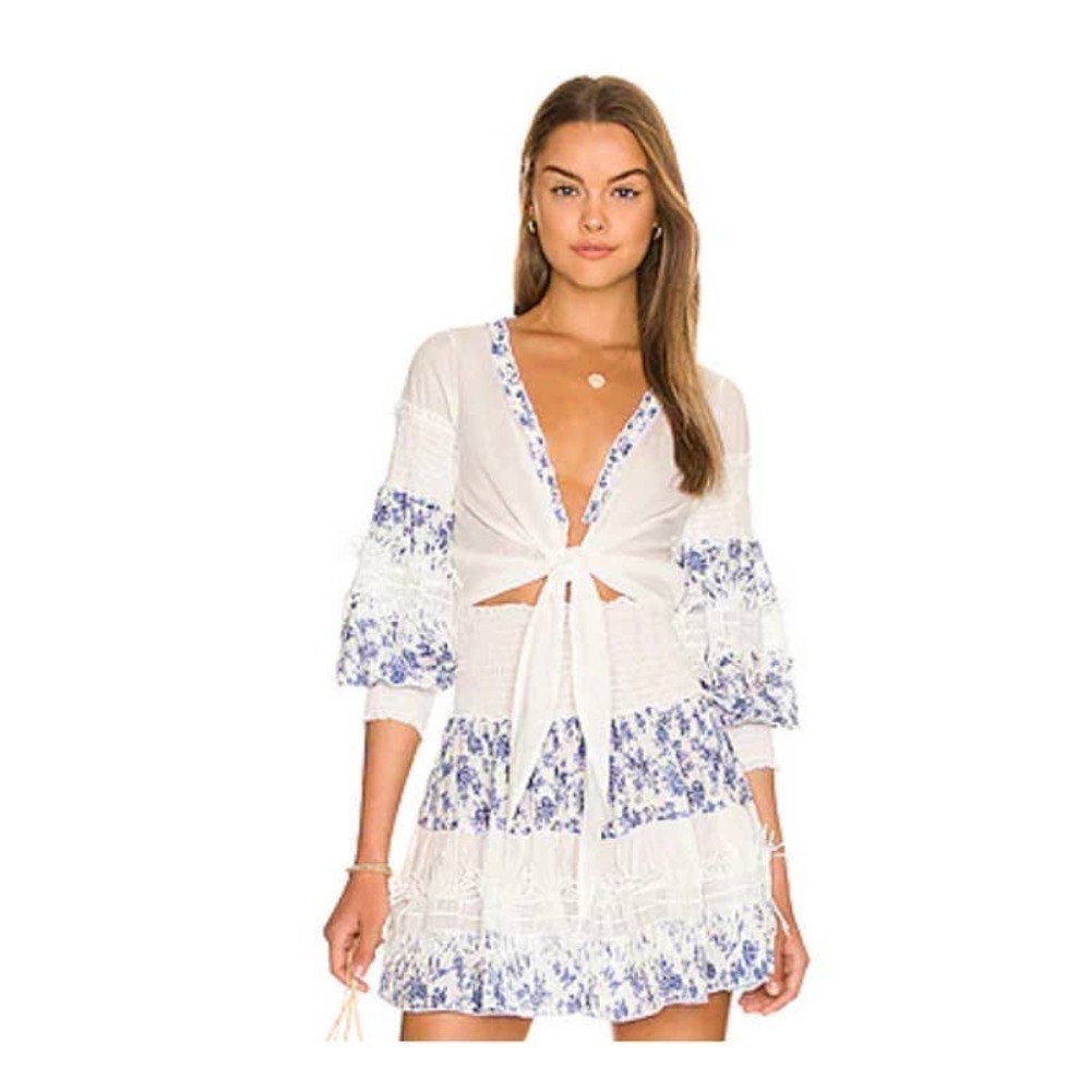 Chio Short Fringe Skirt Smocked Waistband Blue Women's Size Xs Nwt